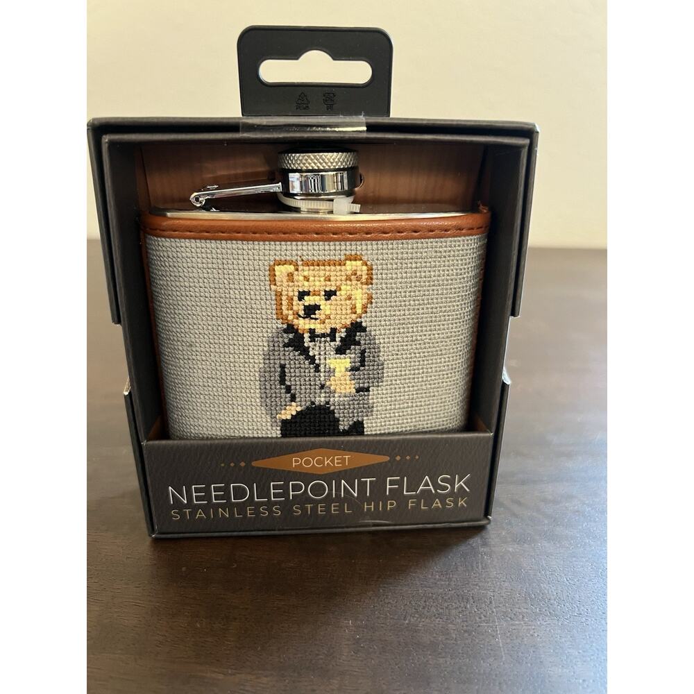 BLKSMITH Dapper Teddy Bear Needlepoint Stainless Steel Hip Flask 6 fl oz Box